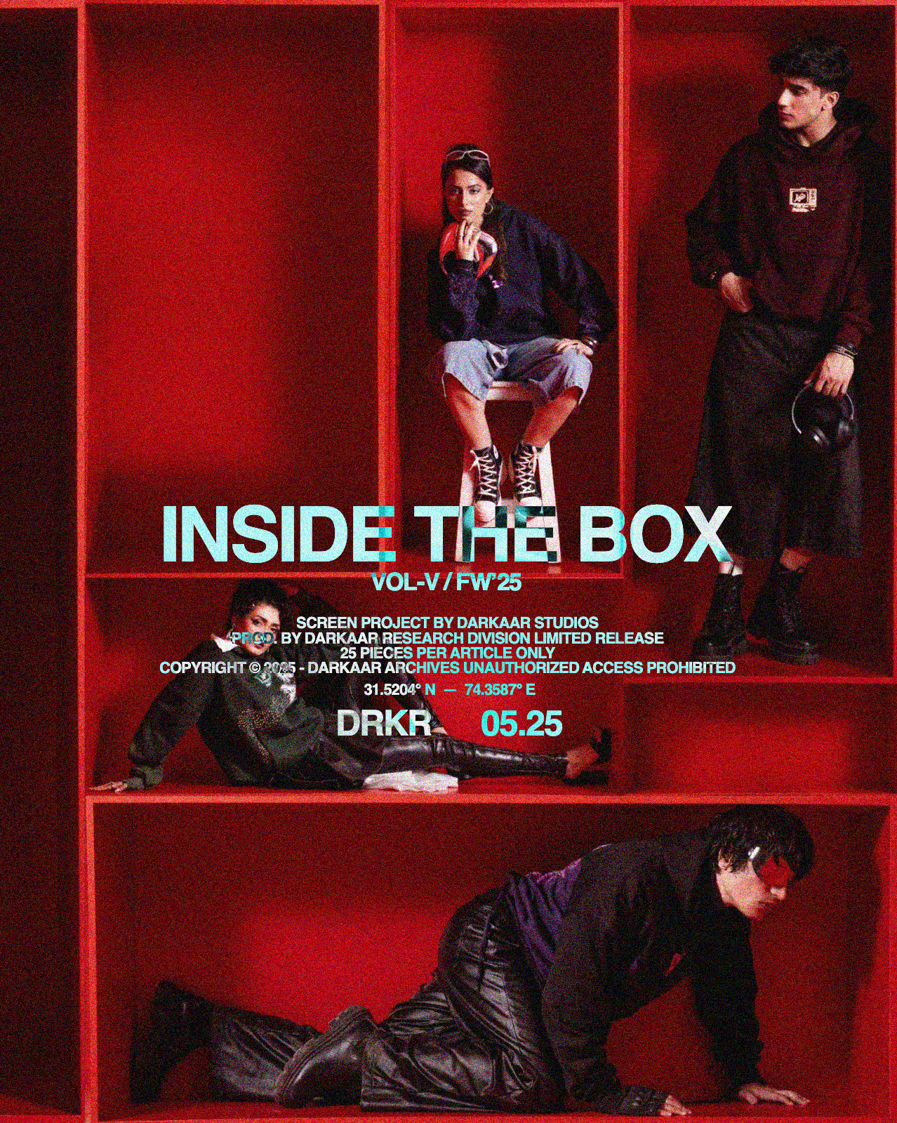 Red box-like structure with people inside, featuring text 'INSIDE THE BOX' and 'DRKR'.